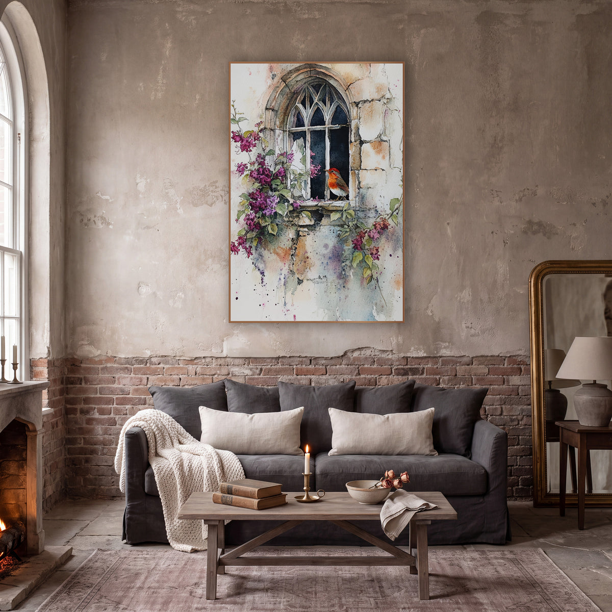 Robin Gothic Window Watercolor Floral wall art in a moody dark academia room – watercolor-style robin perched