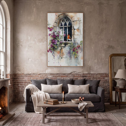 Robin Gothic Window Watercolor Floral wall art in a moody dark academia room – watercolor-style robin perched