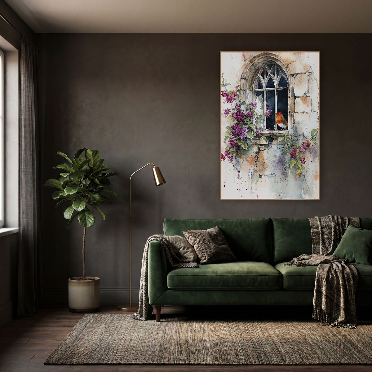 Robin Gothic Window Watercolor Floral wall art in a moody dark academia room – watercolor-style robin perched