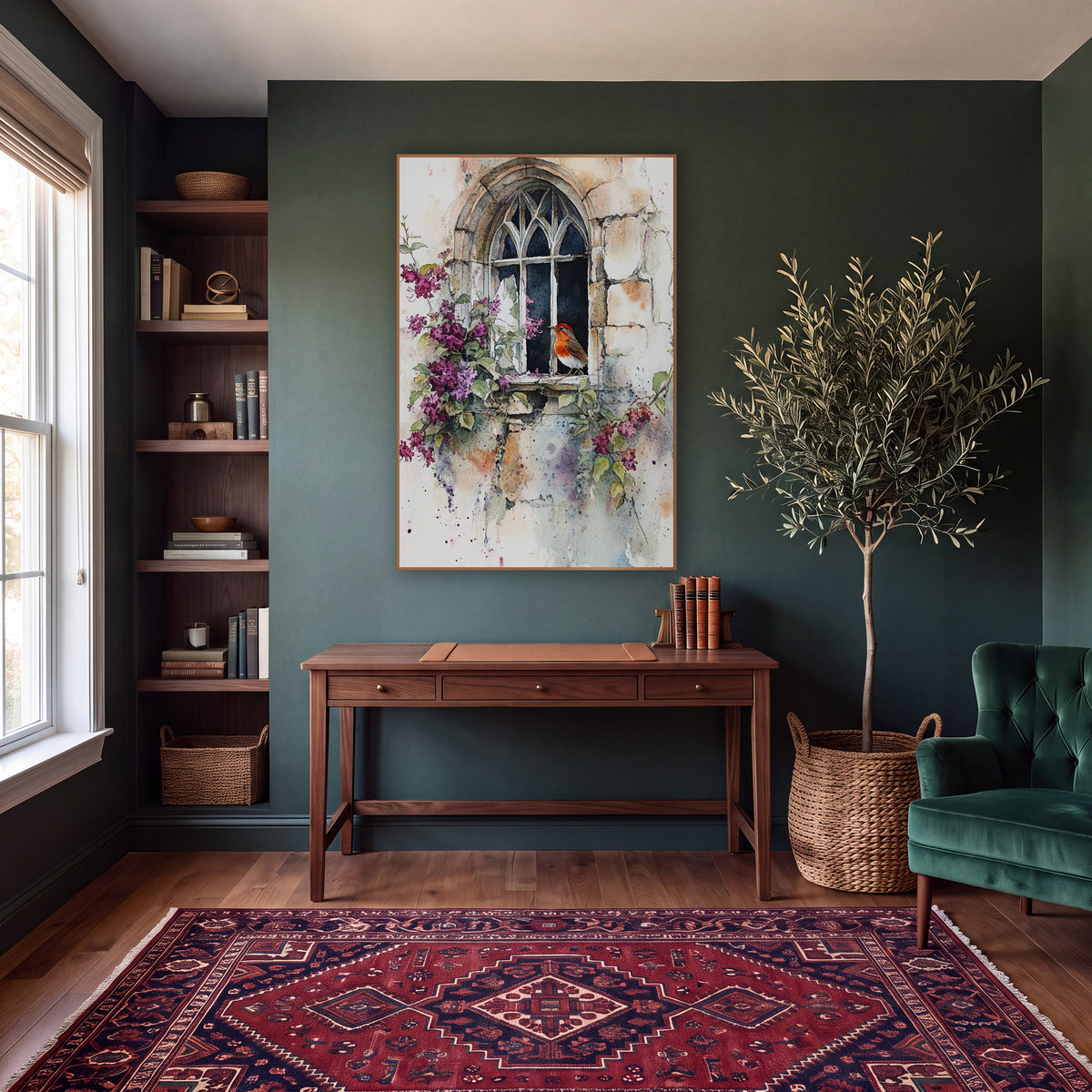 Robin Gothic Window Watercolor Floral wall art in a moody dark academia room – watercolor-style robin perched