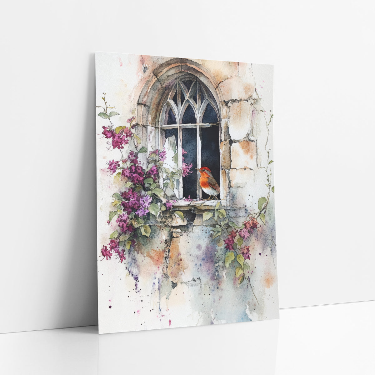Robin Gothic Window Watercolor Floral art print leaning against a white wall – watercolor-style robin perched in a broken