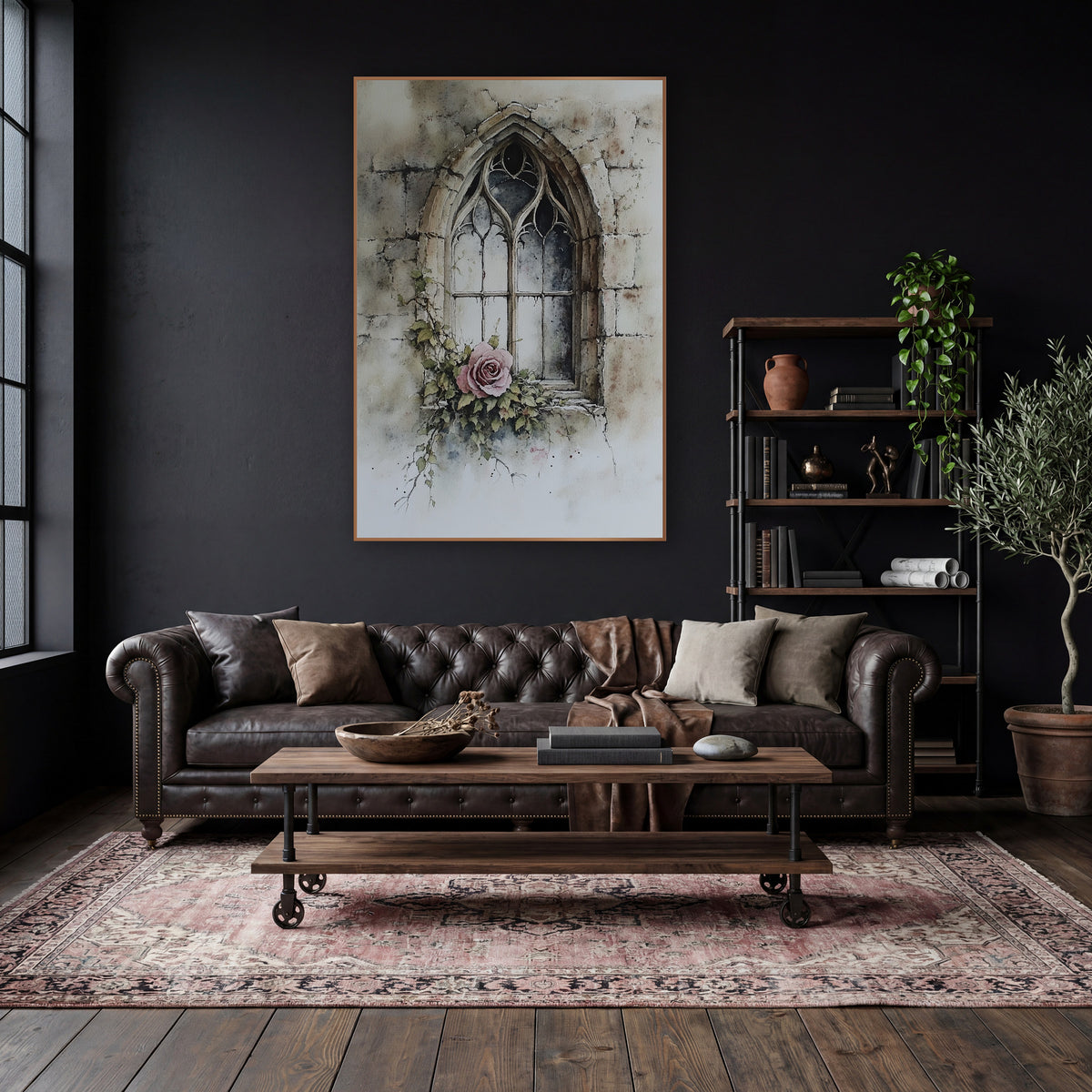 Dusty Rose Gothic Window Botanical wall art in a moody dark academia room – pink rose and ivy at the sill of a pointed