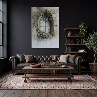 Dusty Rose Gothic Window Botanical wall art in a moody dark academia room – pink rose and ivy at the sill of a pointed