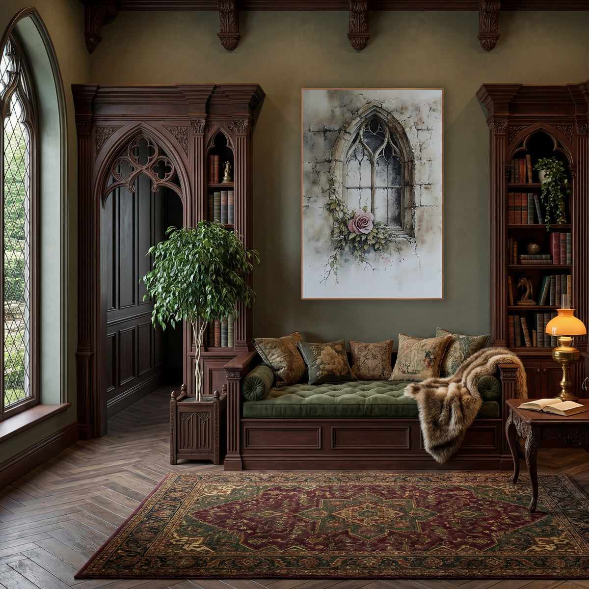 Dusty Rose Gothic Window Botanical wall art in a moody dark academia room – pink rose and ivy at the sill of a pointed