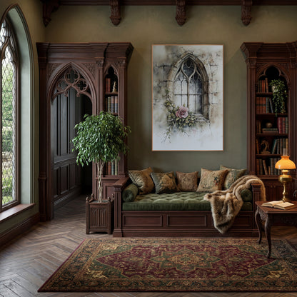 Dusty Rose Gothic Window Botanical wall art in a moody dark academia room – pink rose and ivy at the sill of a pointed