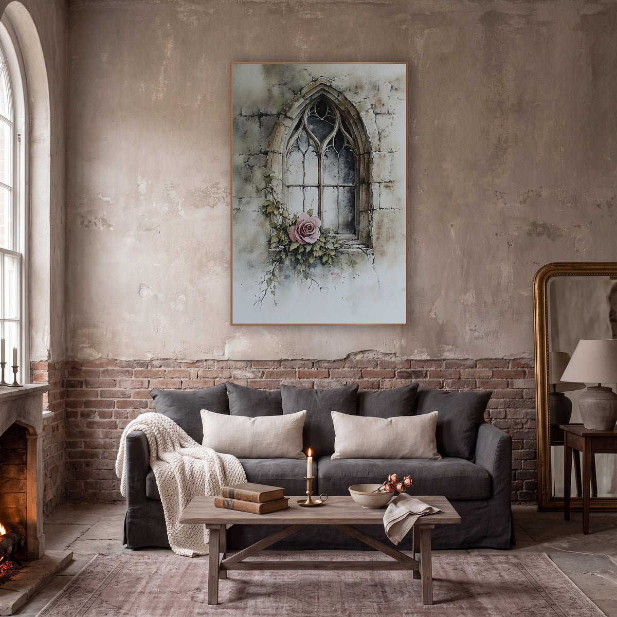 Dusty Rose Gothic Window Botanical wall art in a moody dark academia room – pink rose and ivy at the sill of a pointed