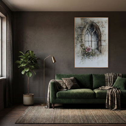 Dusty Rose Gothic Window Botanical wall art in a moody dark academia room – pink rose and ivy at the sill of a pointed