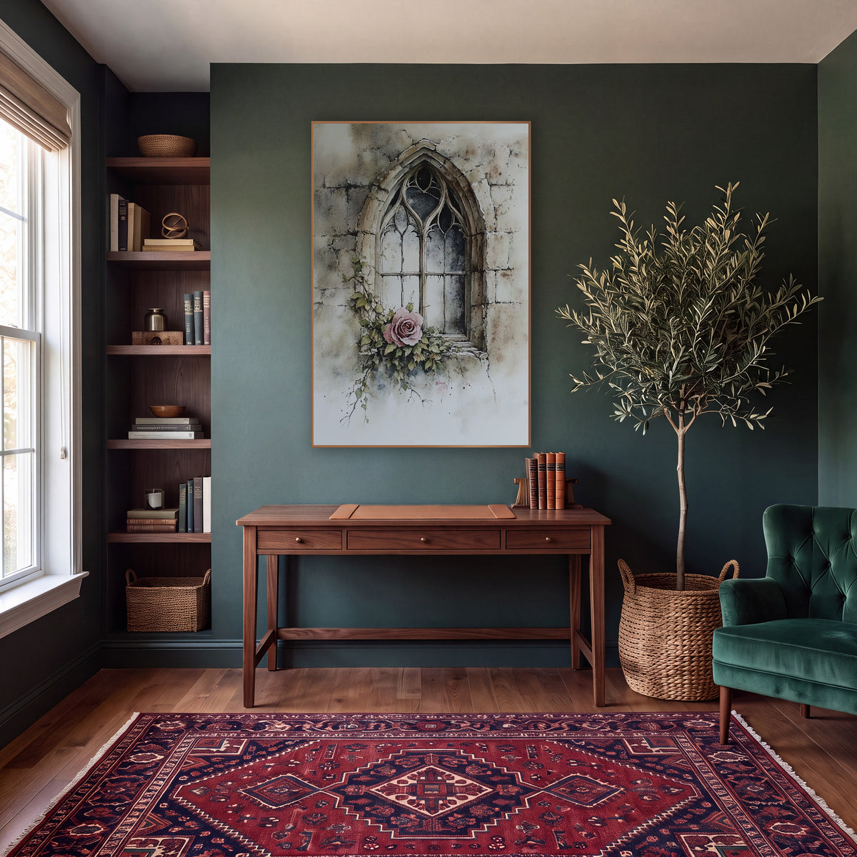 Dusty Rose Gothic Window Botanical wall art in a moody dark academia room – pink rose and ivy at the sill of a pointed