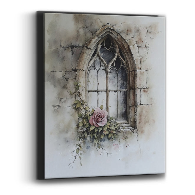 Dusty Rose Gothic Window Botanical Canvas Wall Art