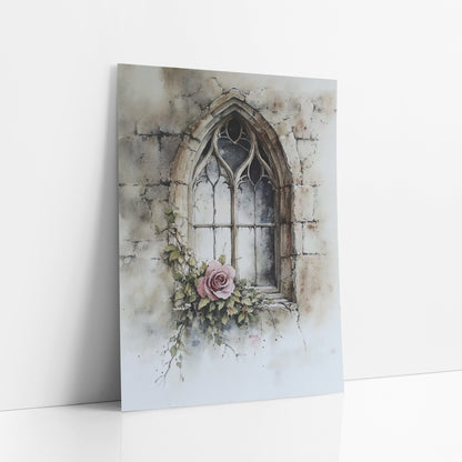 Dusty Rose Gothic Window Botanical art print leaning against a white wall – pink rose and ivy at the sill of a pointed gothic