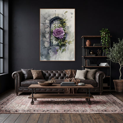 Purple Rose Stone Window Botanical wall art in a moody dark academia room – purple rose with ivy leaves in front