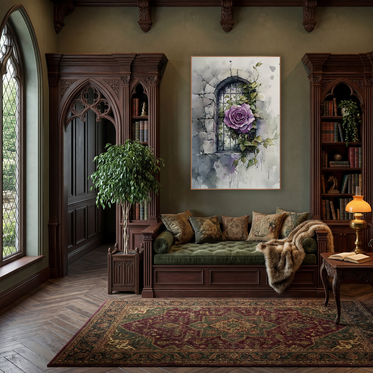 Purple Rose Stone Window Botanical wall art in a moody dark academia room – purple rose with ivy leaves in front