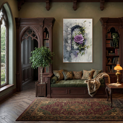 Purple Rose Stone Window Botanical wall art in a moody dark academia room – purple rose with ivy leaves in front