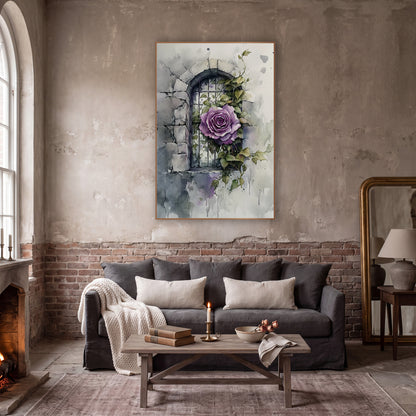 Purple Rose Stone Window Botanical wall art in a moody dark academia room – purple rose with ivy leaves in front