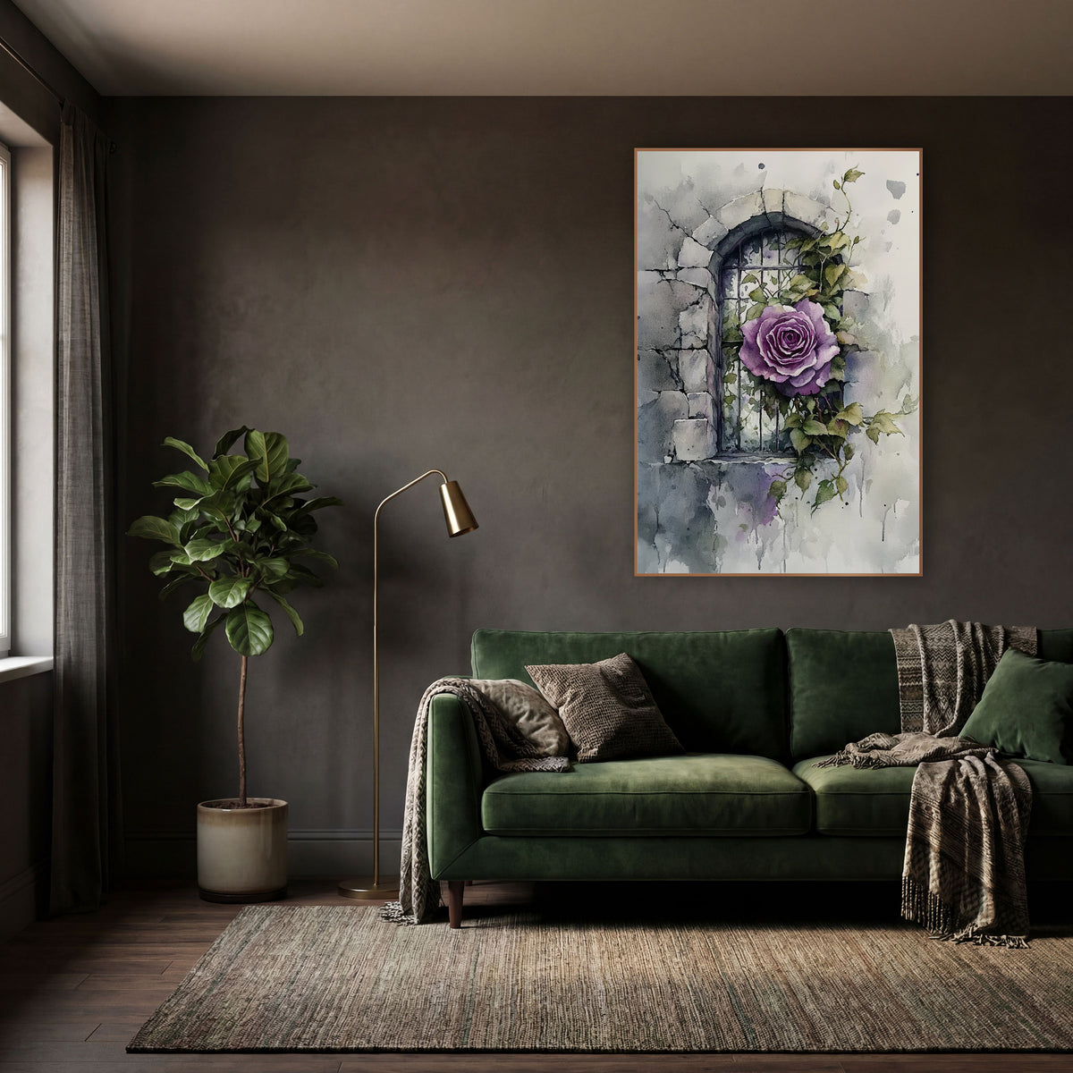 Purple Rose Stone Window Botanical wall art in a moody dark academia room – purple rose with ivy leaves in front