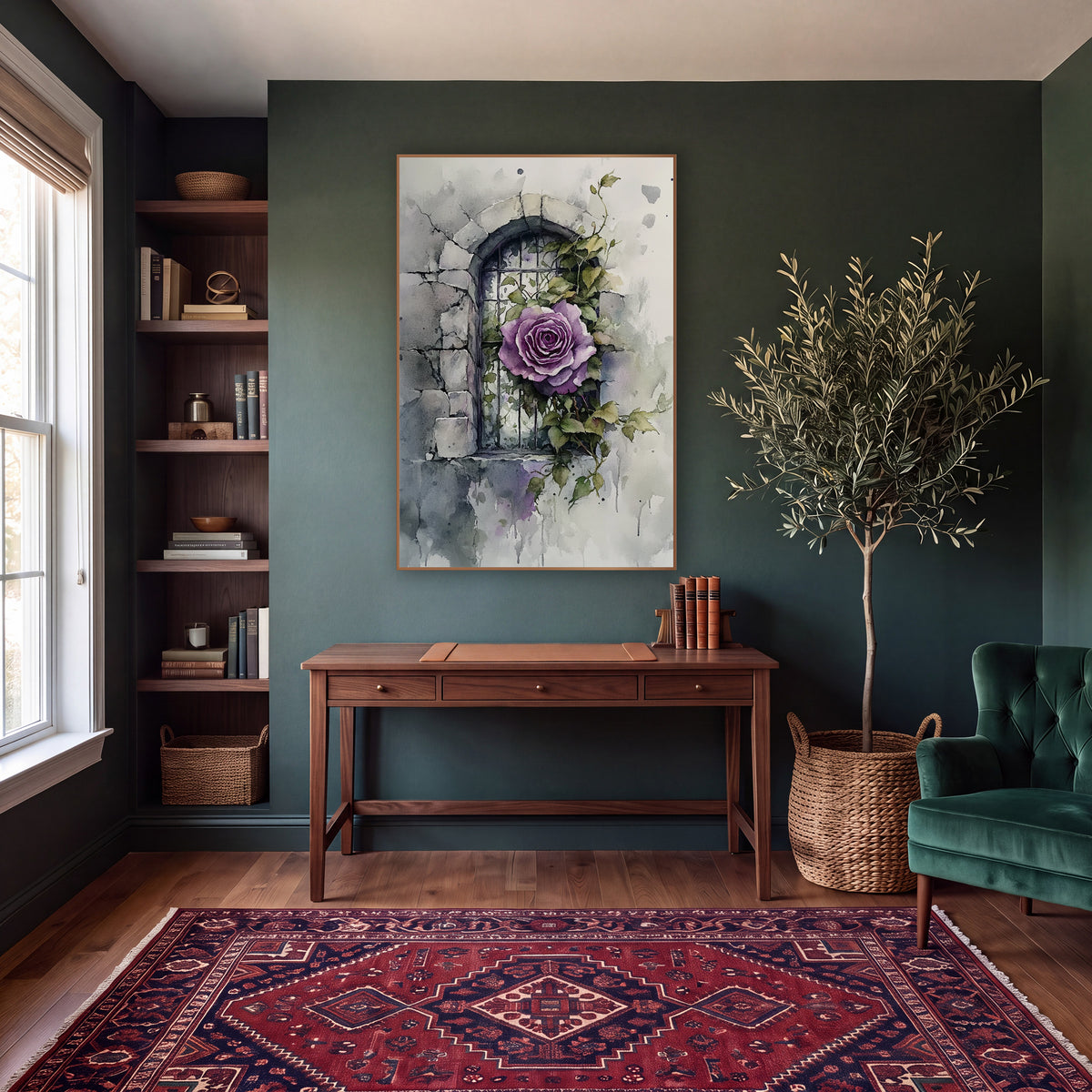 Purple Rose Stone Window Botanical wall art in a moody dark academia room – purple rose with ivy leaves in front
