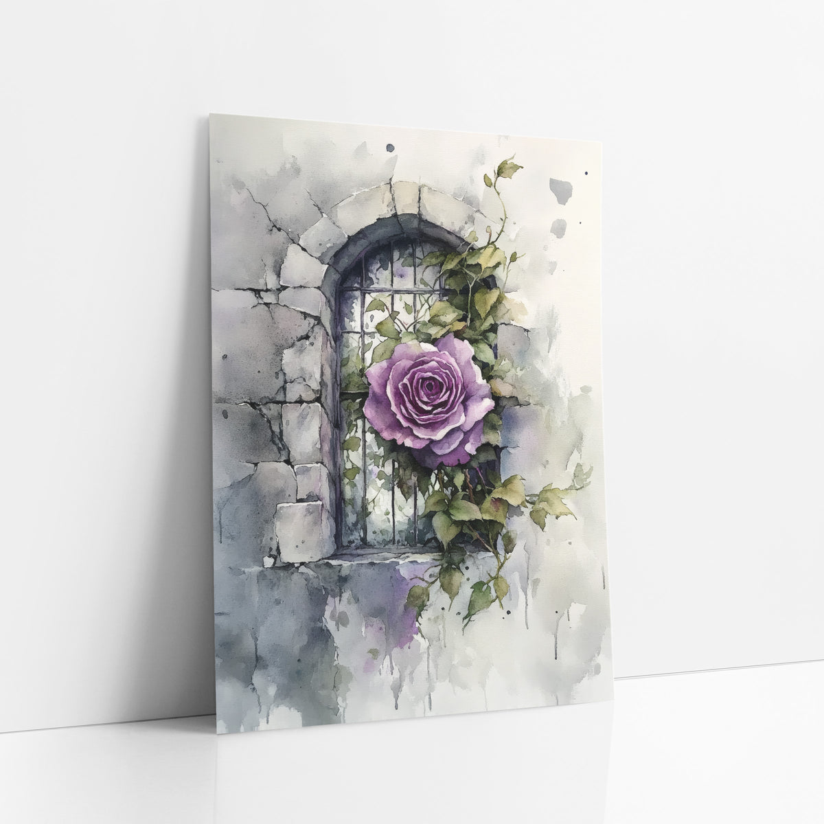 Purple Rose Stone Window Botanical art print leaning against a white wall – purple rose with ivy leaves in front of an arched