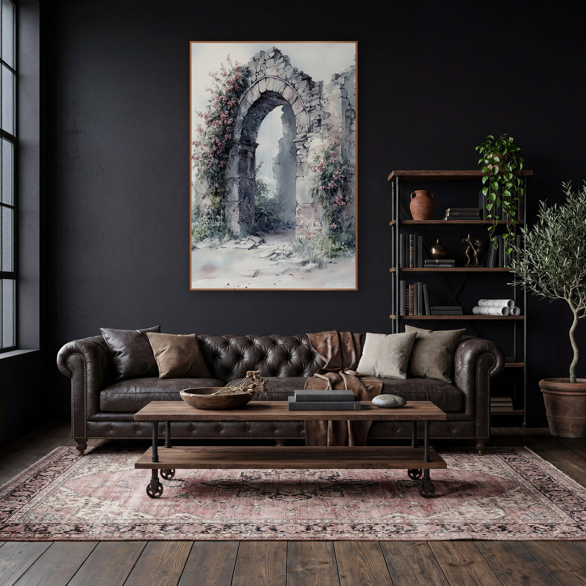 Crumbling Stone Arch Floral Ruins wall art in a moody dark academia room – crumbling stone arch with climbing pink