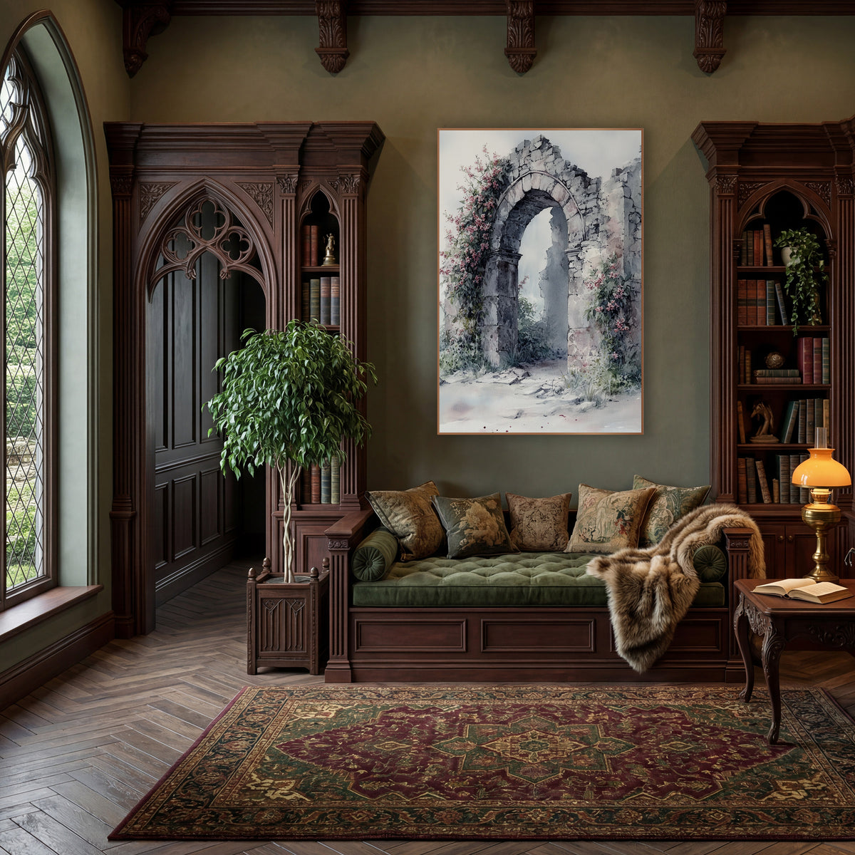 Crumbling Stone Arch Floral Ruins wall art in a moody dark academia room – crumbling stone arch with climbing pink