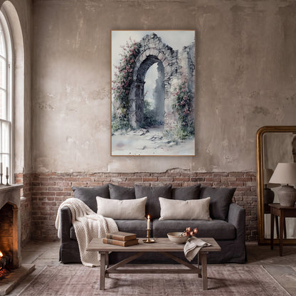 Crumbling Stone Arch Floral Ruins wall art in a moody dark academia room – crumbling stone arch with climbing pink