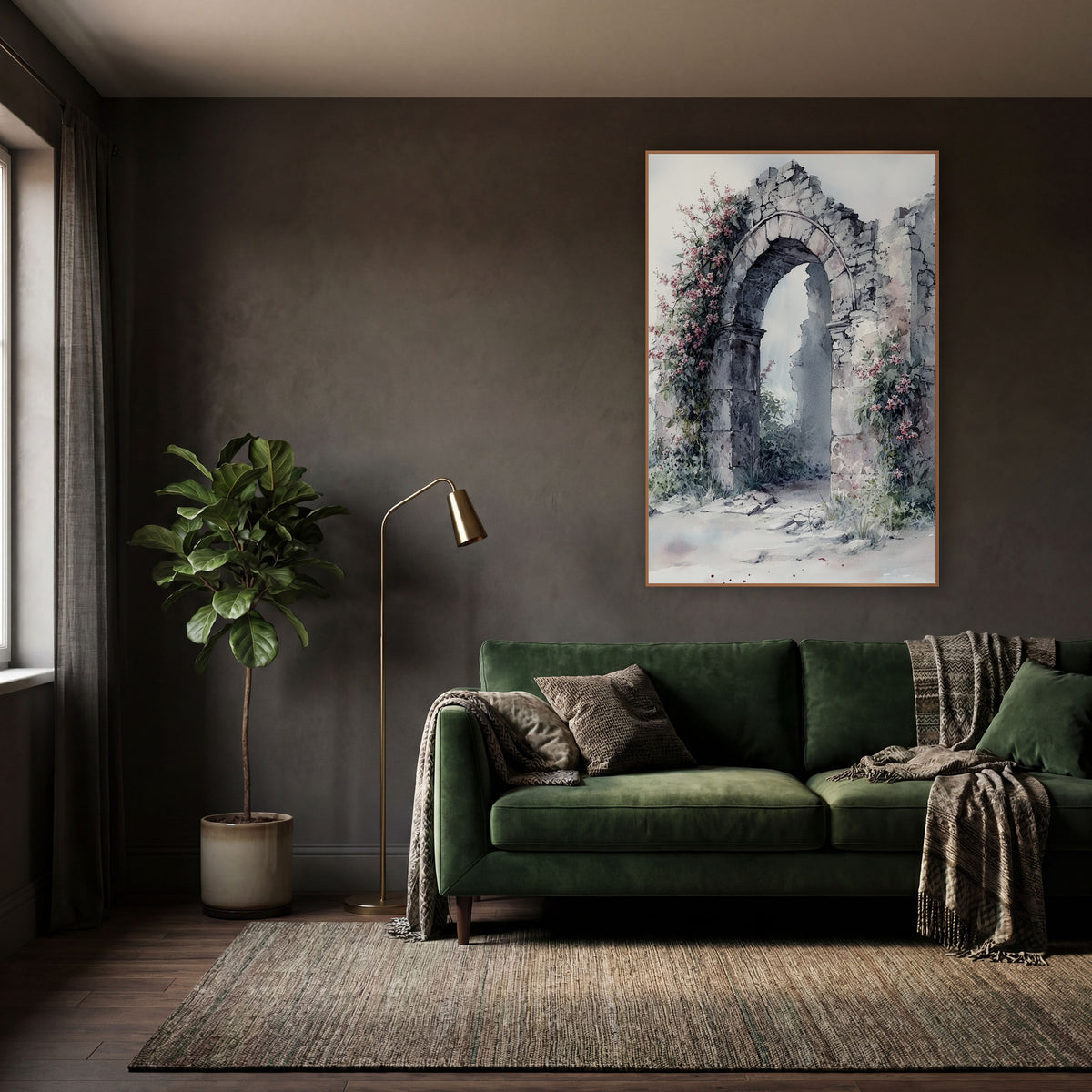 Crumbling Stone Arch Floral Ruins wall art in a moody dark academia room – crumbling stone arch with climbing pink