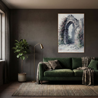 Crumbling Stone Arch Floral Ruins wall art in a moody dark academia room – crumbling stone arch with climbing pink
