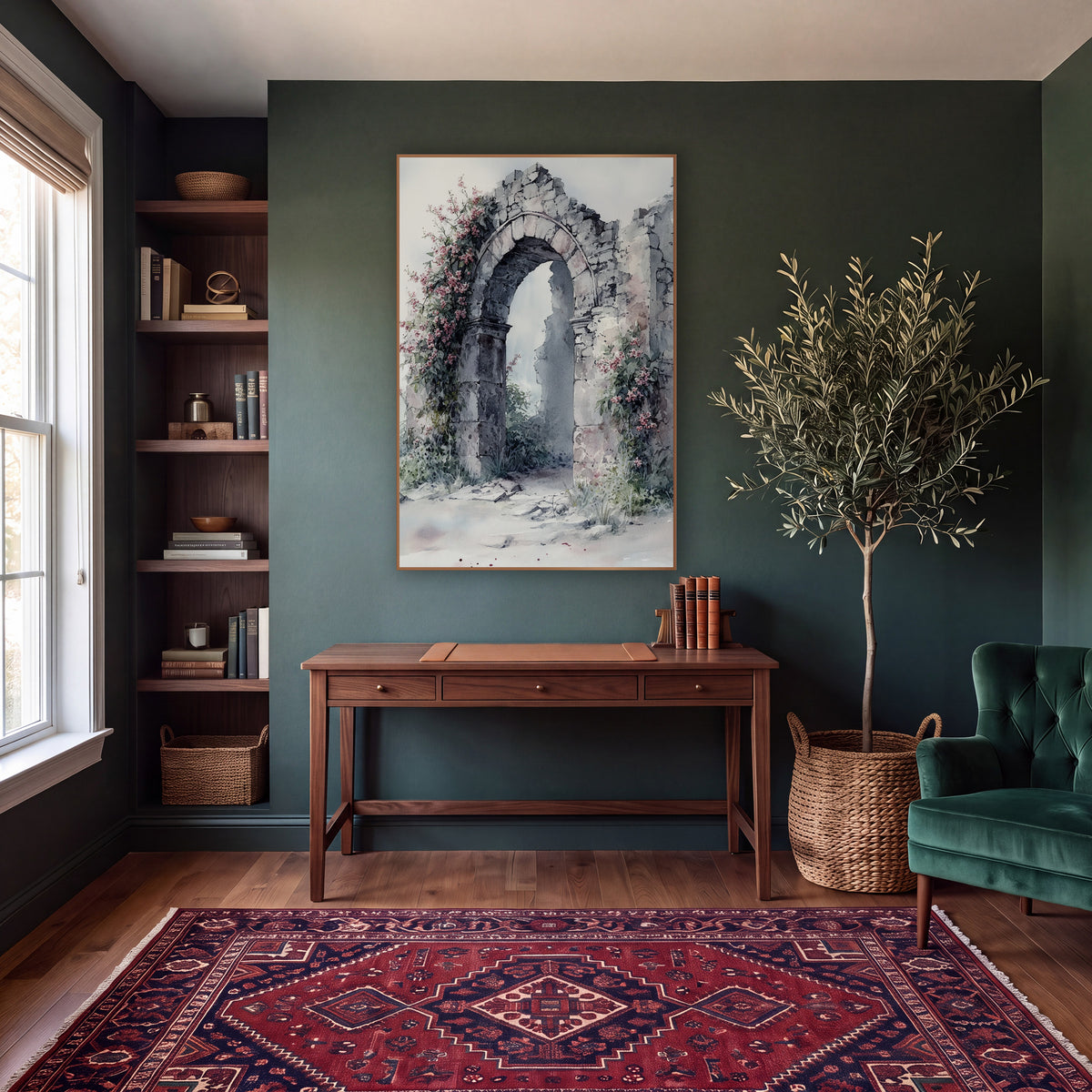 Crumbling Stone Arch Floral Ruins wall art in a moody dark academia room – crumbling stone arch with climbing pink