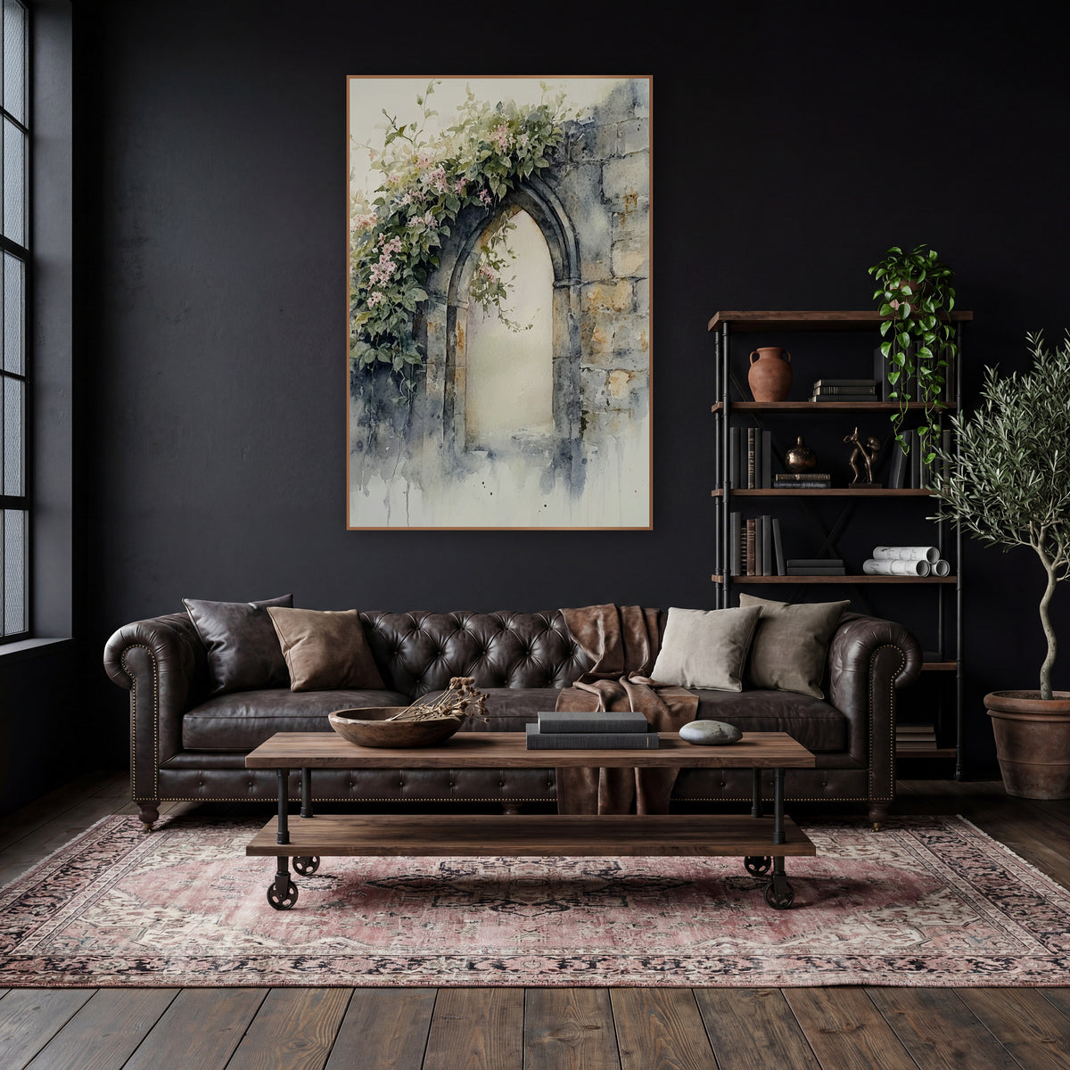 Pink Blossom Stone Arch Watercolor wall art in a moody dark academia room – pointed stone arch in a weathered wall