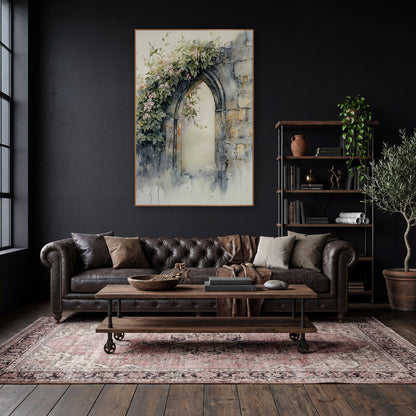 Pink Blossom Stone Arch Watercolor wall art in a moody dark academia room – pointed stone arch in a weathered wall