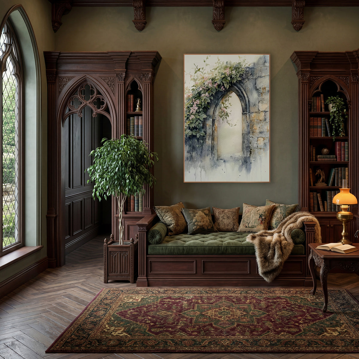 Pink Blossom Stone Arch Watercolor wall art in a moody dark academia room – pointed stone arch in a weathered wall
