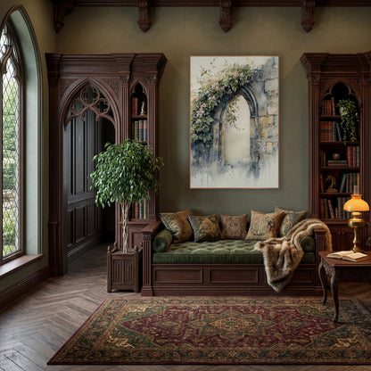 Pink Blossom Stone Arch Watercolor wall art in a moody dark academia room – pointed stone arch in a weathered wall