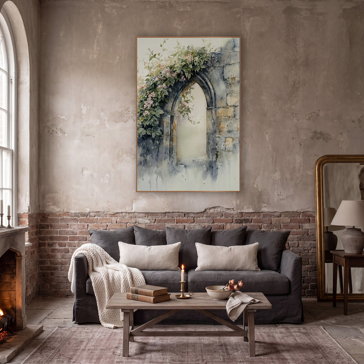Pink Blossom Stone Arch Watercolor wall art in a moody dark academia room – pointed stone arch in a weathered wall
