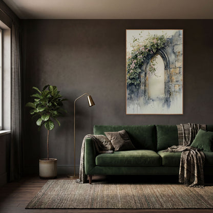 Pink Blossom Stone Arch Watercolor wall art in a moody dark academia room – pointed stone arch in a weathered wall