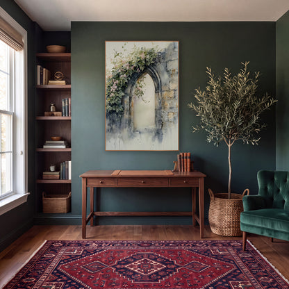 Pink Blossom Stone Arch Watercolor wall art in a moody dark academia room – pointed stone arch in a weathered wall
