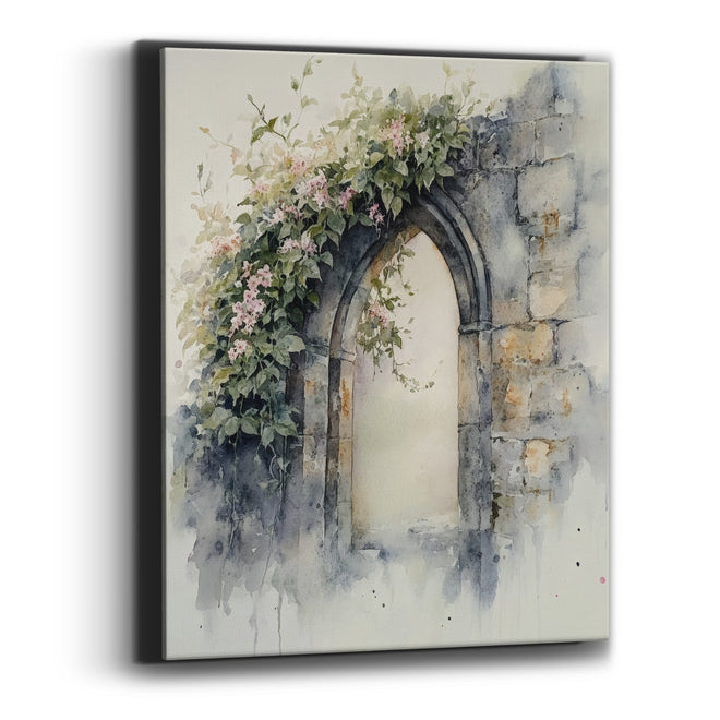 Pink Blossom Stone Arch Watercolor Canvas Wall Art