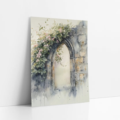 Pink Blossom Stone Arch Watercolor art print leaning against a white wall – pointed stone arch in a weathered wall