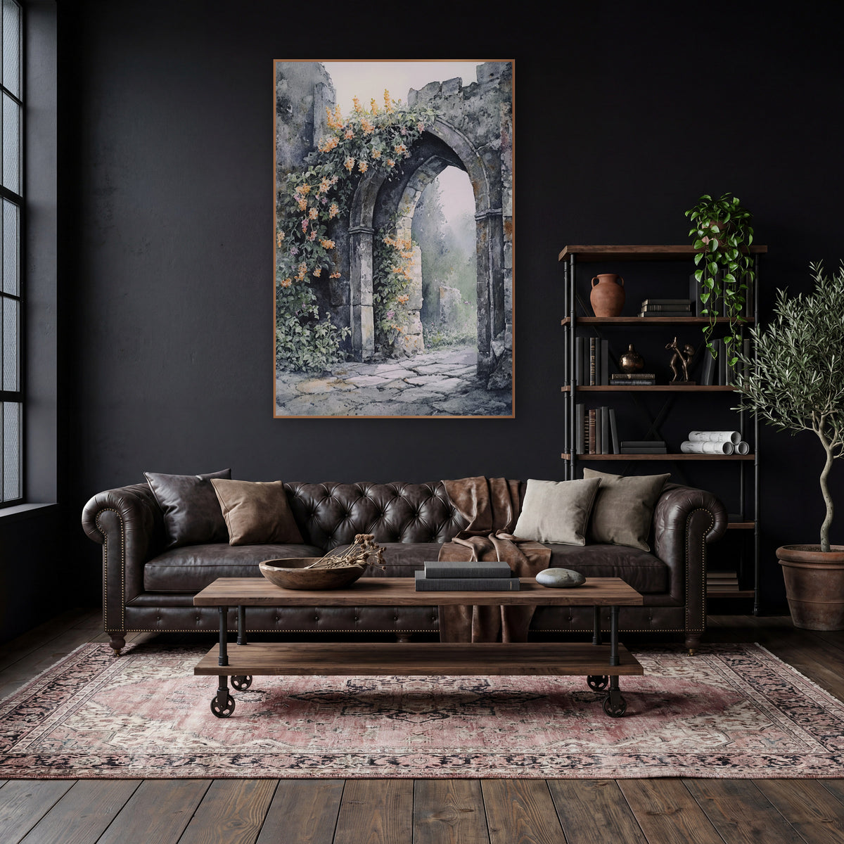 Ruined Stone Arch Floral Landscape wall art in a moody dark academia room – watercolor-style crumbling stone archway