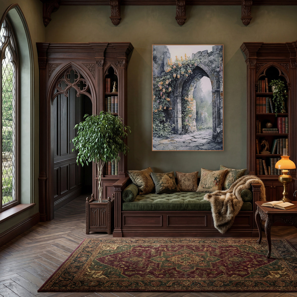 Ruined Stone Arch Floral Landscape wall art in a moody dark academia room – watercolor-style crumbling stone archway