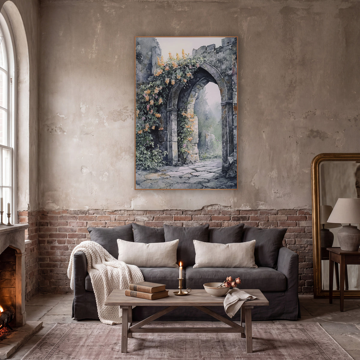 Ruined Stone Arch Floral Landscape wall art in a moody dark academia room – watercolor-style crumbling stone archway