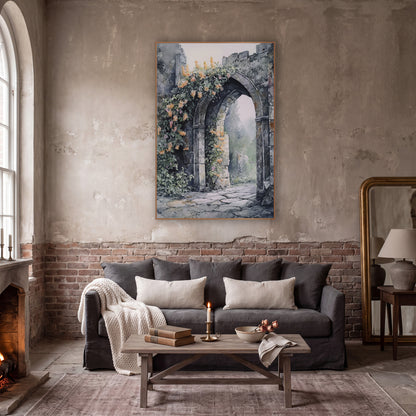Ruined Stone Arch Floral Landscape wall art in a moody dark academia room – watercolor-style crumbling stone archway