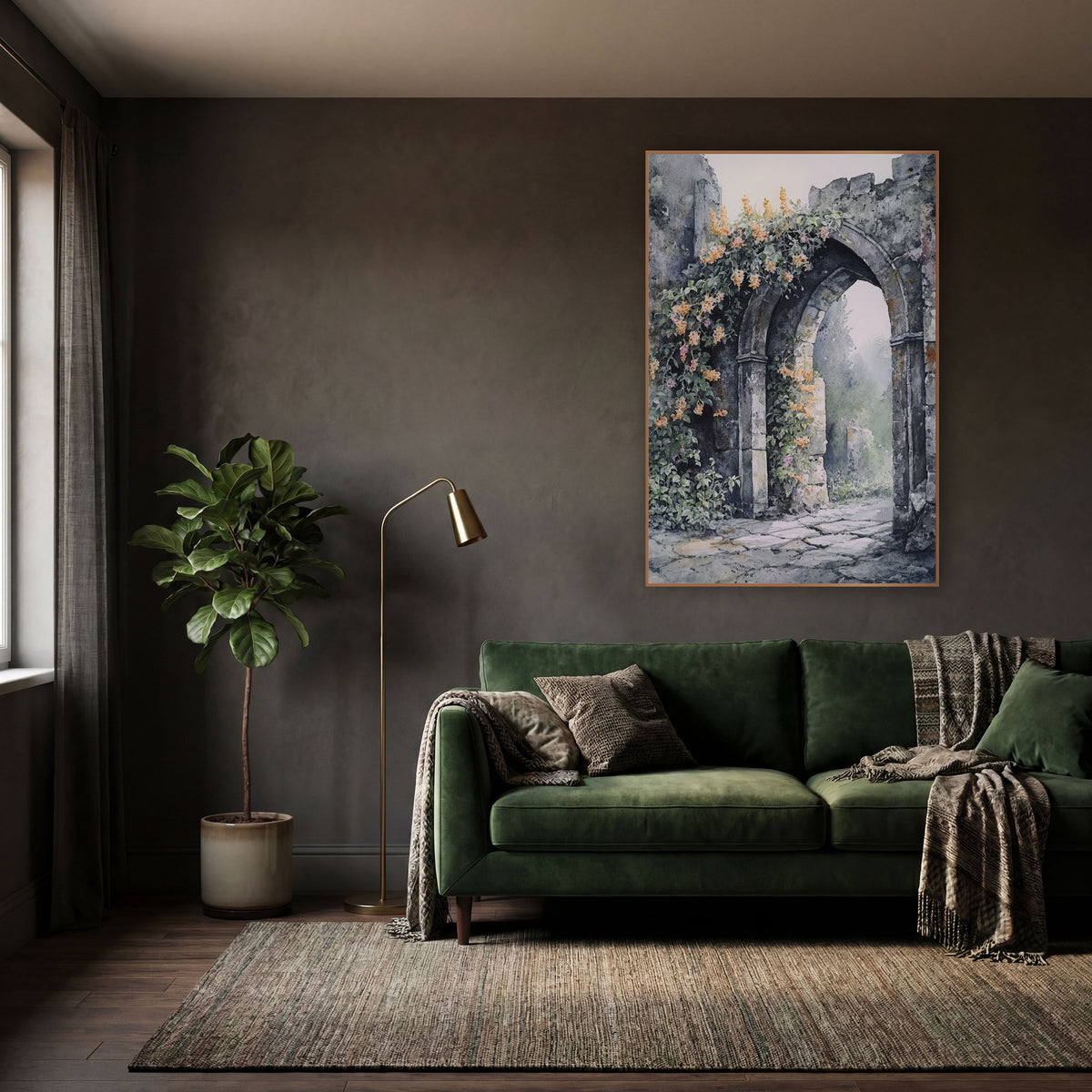 Ruined Stone Arch Floral Landscape wall art in a moody dark academia room – watercolor-style crumbling stone archway
