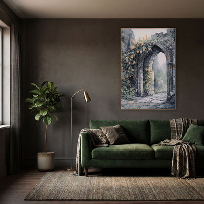 Ruined Stone Arch Floral Landscape wall art in a moody dark academia room – watercolor-style crumbling stone archway