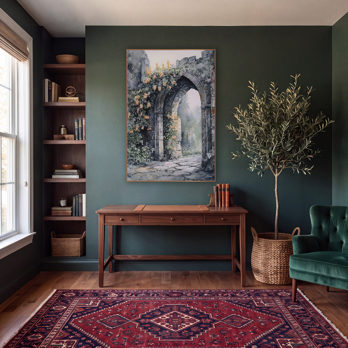 Ruined Stone Arch Floral Landscape wall art in a moody dark academia room – watercolor-style crumbling stone archway
