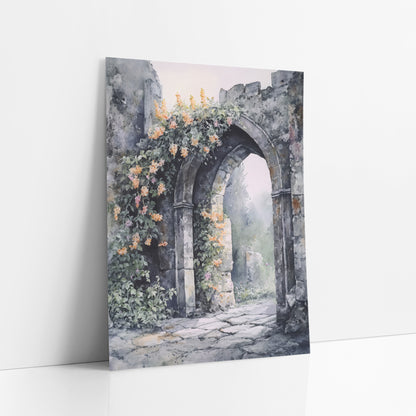 Ruined Stone Arch Floral Landscape art print leaning against a white wall – watercolor-style crumbling stone archway covered