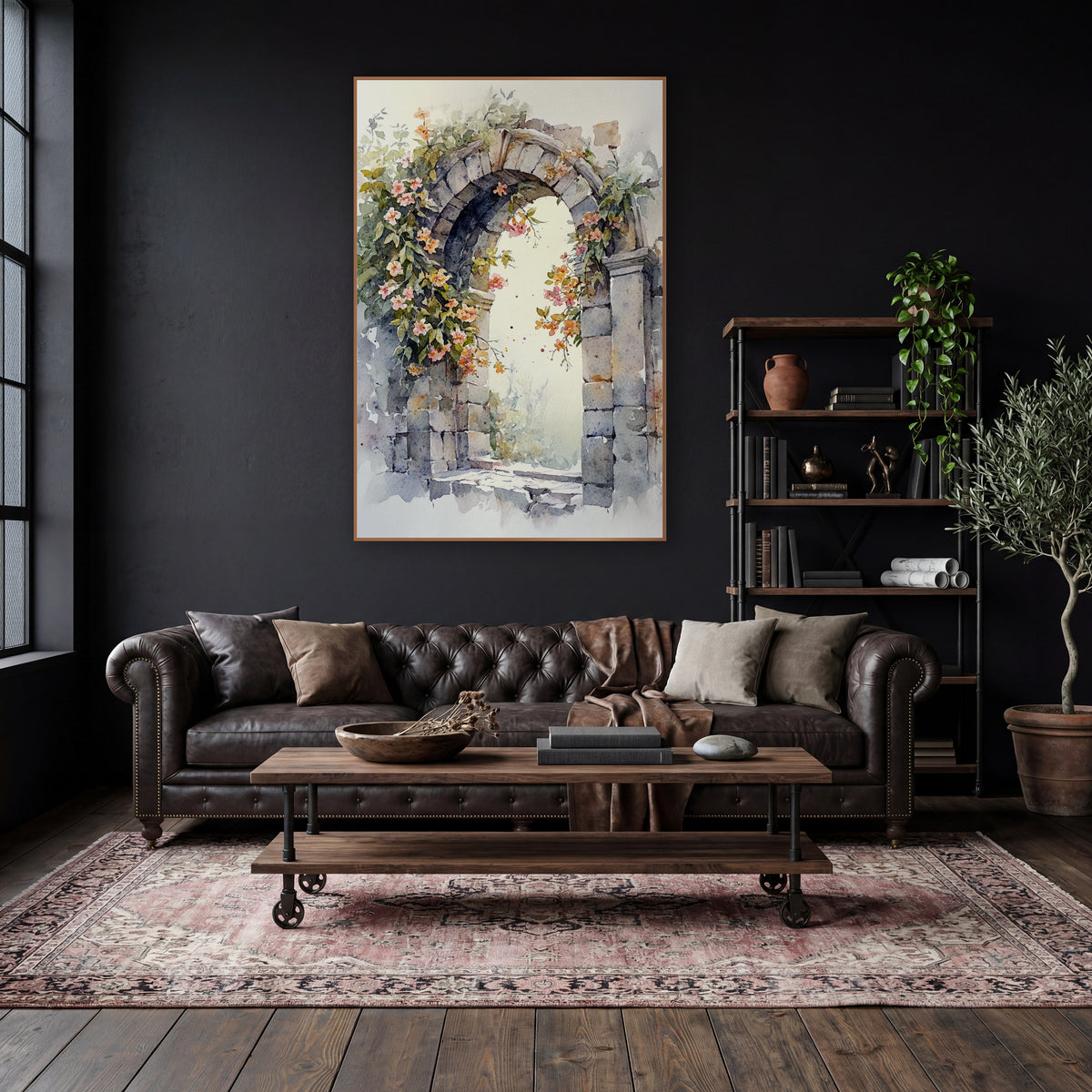 Flowering Stone Archway Watercolor Style wall art in a moody dark academia room – watercolor-style stone archway