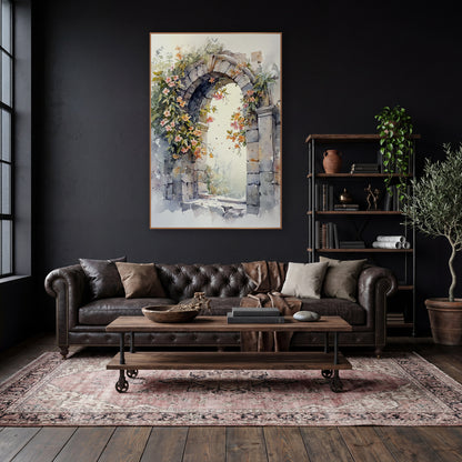 Flowering Stone Archway Watercolor Style wall art in a moody dark academia room – watercolor-style stone archway