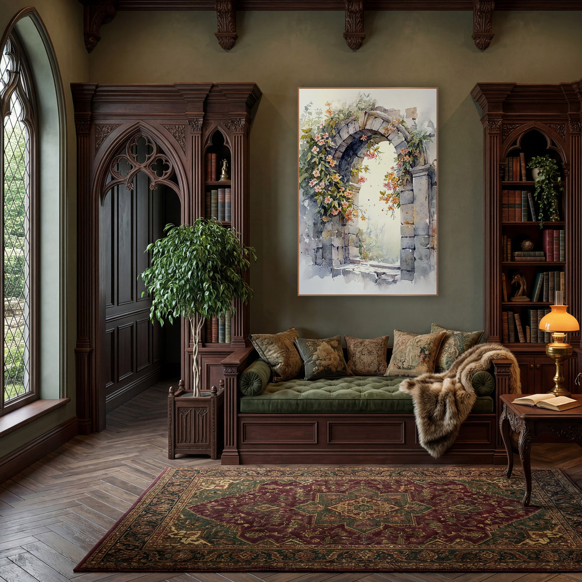 Flowering Stone Archway Watercolor Style wall art in a moody dark academia room – watercolor-style stone archway