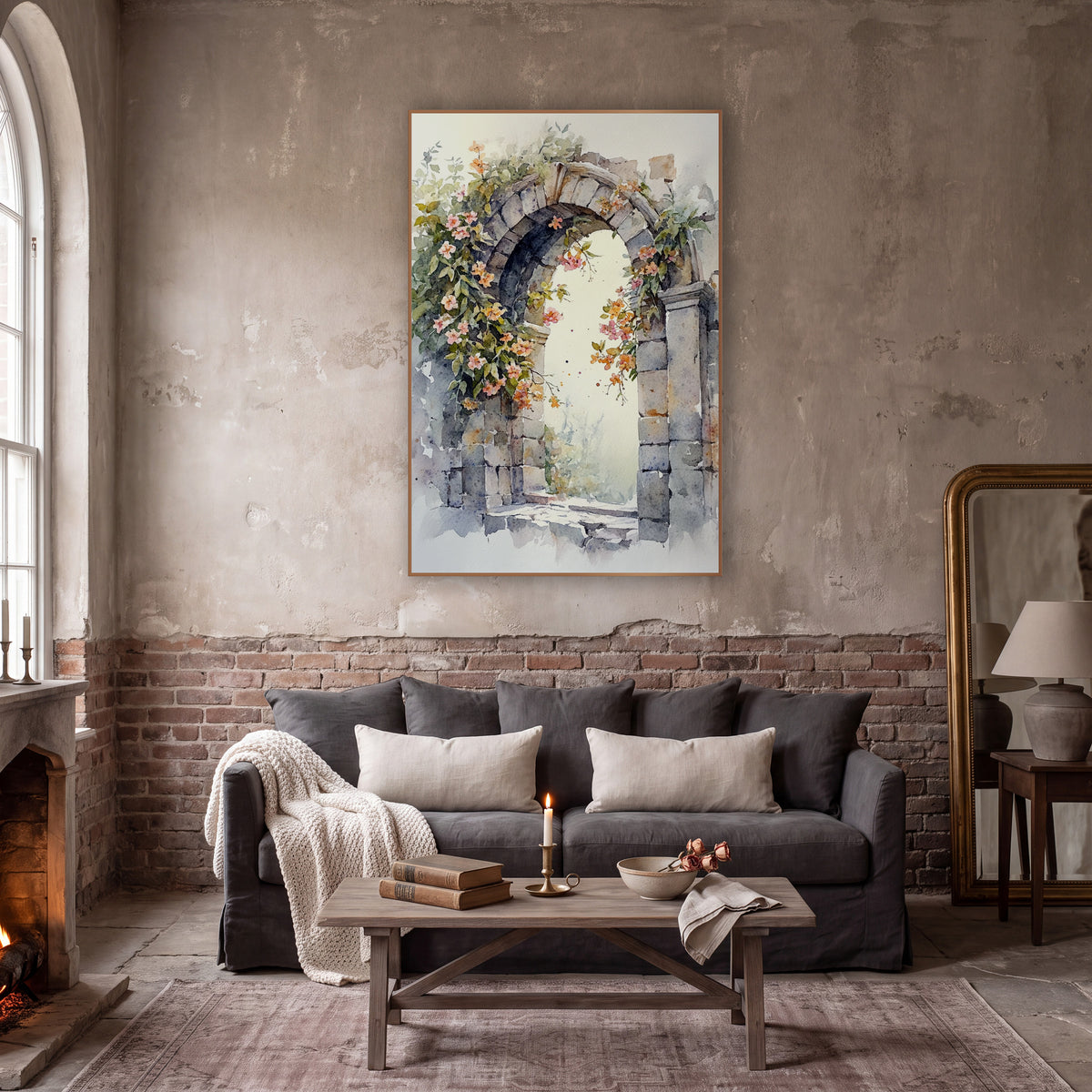 Flowering Stone Archway Watercolor Style wall art in a moody dark academia room – watercolor-style stone archway