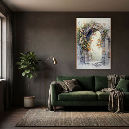 Flowering Stone Archway Watercolor Style wall art in a moody dark academia room – watercolor-style stone archway
