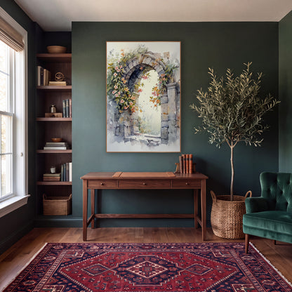 Flowering Stone Archway Watercolor Style wall art in a moody dark academia room – watercolor-style stone archway